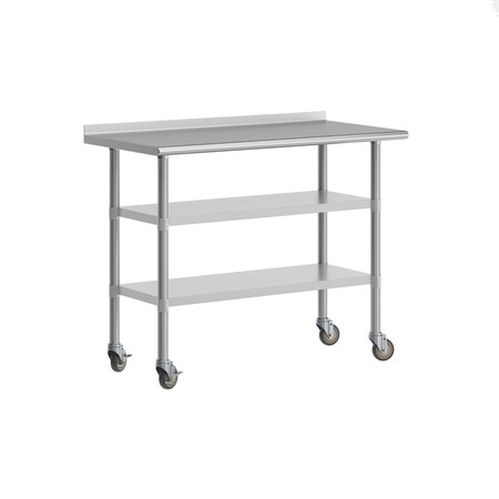 Flash Furniture Rawcliffe SS Work Table 24in. x 48in. w/1.5in. Backsplash, 2 Undershelves and 4 Casters, 2 Locking NH-WT-GU-2448BSP-CAS-GG