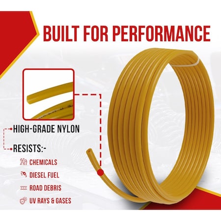 Mytee Products Air Line 1/4in OD x 100ft Yellow SAE J844 Nylon Air Brake Tubing DOT Approved MP-ABT-1924-07-T100