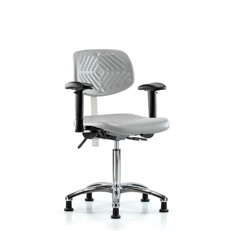 Blue Ridge Ergonomics Class 100 Poly Clean Room Chair-Medium Bench Ht with Adjustable Arms & Stat Glides in Gray Poly NCR-PMBCH-CR-T0-A1-NF-RG-GRY