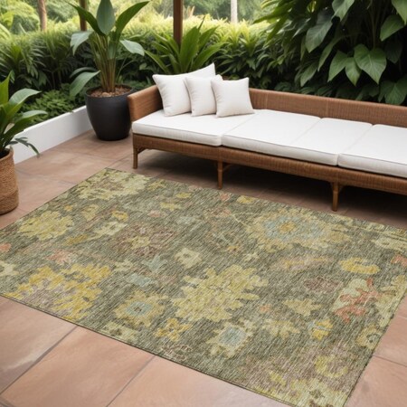 Homeroots 9' X 12' Artichoke Green Coral And Brown Floral Washable Indoor Outdoor Area Rug 604106