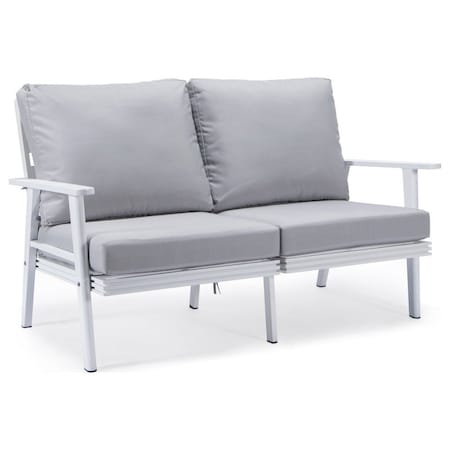 Leisuremod Walbrooke Modern Outdoor Patio Loveseat, White Aluminum Frame and Removable Cushions, Light Grey WW-57-27LGR