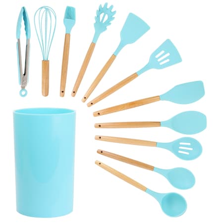 Megachef Light Teal Silicone and Wood Cooking Utensils, Set of 12 MGSP-560