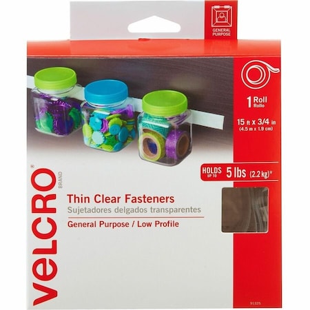 Velcro Brand Reclosable Fastener, 15 ft, 3/4" W, Clear 91325