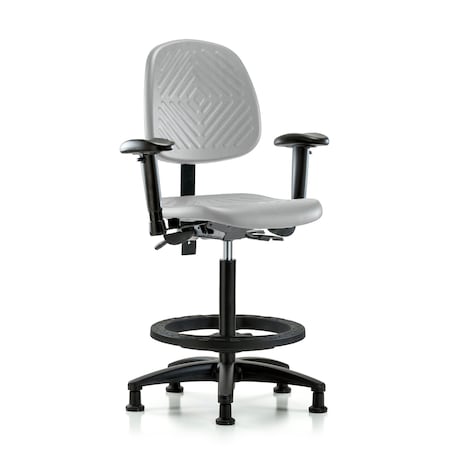 Blue Ridge Ergonomics Poly Chair-High Bench Ht with Med Back, Seat Tilt, Adj Arms, Black Foot Ring, &Stat Glides in Gray Poly PHBCH-MB-RG-T1-A1-BF-RG-GRY