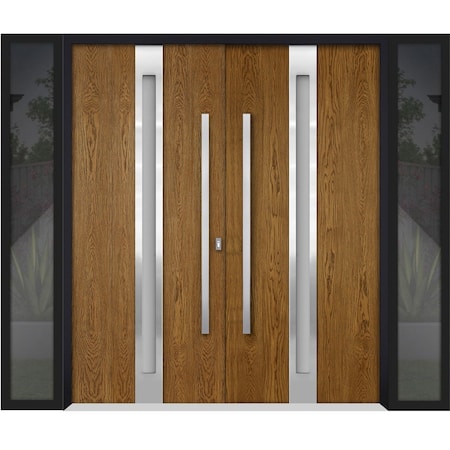 Vdomdoors Steel Double Doors Deux 1744 Natural Oak 2 Sidelight Exterior Black Windows Stainless Inserts Singl DEUX1744DEXD-OAKB-LH-W16+72+16 x H80