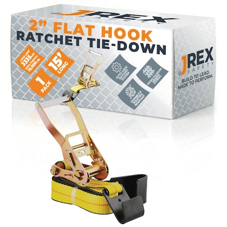 Jrex Safety HD Ratchet Strap with Flat Hooks, Yellow 2 in x 15 ft Tie Down RTD215-JR-FH-1
