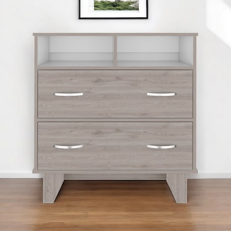 Homeroots 32" Light Gray Two Drawer Dresser With Open Shelving 544029