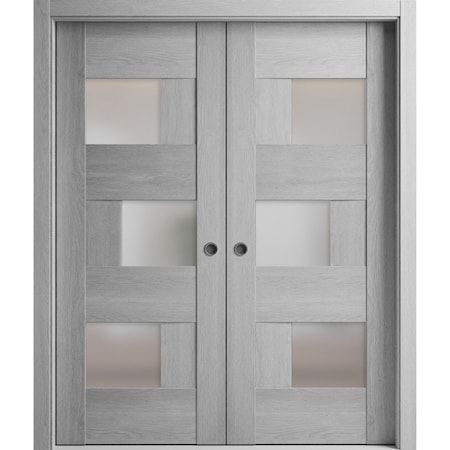 Vdomdoors Sliding French Dbl Pocket Doors 84 x 96in, Light Grey Oak W/ Frosted Glass, Kit Trims Rail Hardware SETE6933DP-OAK-8496
