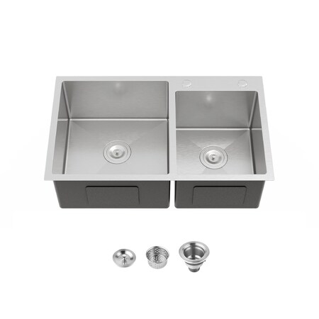 Wrightmaster 32 in. Drop-In Double Bowl 20 Gauge Silver Stainless Steel Kitchen Sink with Drain and Hook ZOR-BR03D-321908