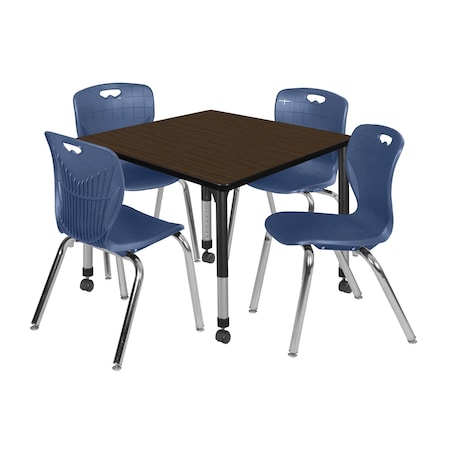 Regency Square Kee Mobile Adjustable Classroom Table W/ 4 Andy Chairs, 36 in W, 36 in L, Neo Walnut TB3636NWAPCBK40NV