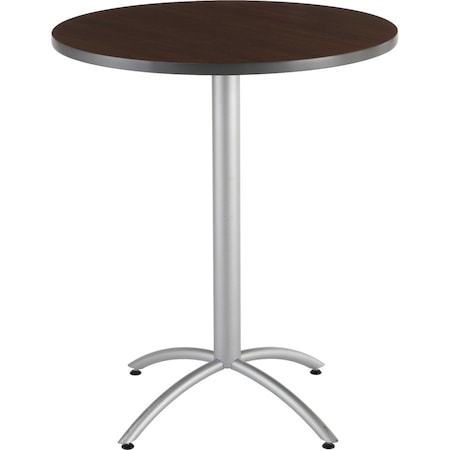 Iceberg CafeWorks Cafe/Breakroom Table, Walnut Top, Silver Frame, 36 in Dia x 42 in H 65664