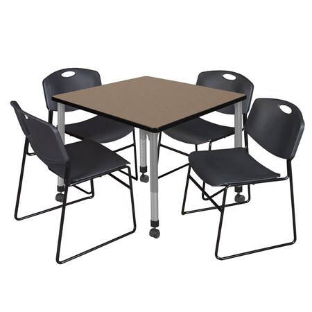 Regency Square Kee Mobile Adjustable Classroom Table W/ 4 Zeng Stack Chairs, 42 in W, 42 in L, Noble Oak TB4242NOAPCGY44BK