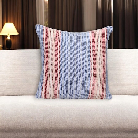 Homeroots 16" Blue and Red Striped Cotton Throw Pillow 529178