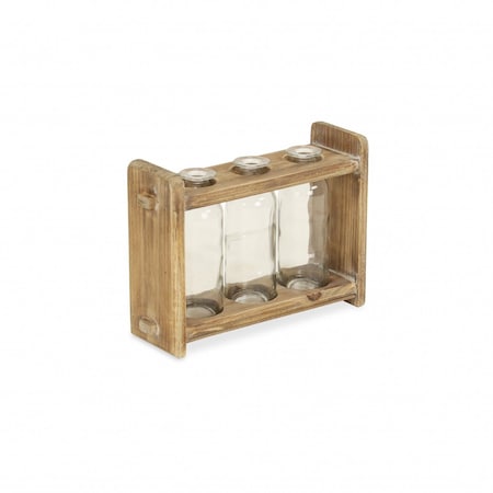 Homeroots 7" Set of Three Glass Jars in a Wood Rack, 3PK 488173