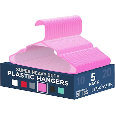 Lifemaster Heavy-Duty Plastic Hangers, Non-Slip, Space-Saving, Holds 5 lbs, Pink, 5PK LMPLCPIK5