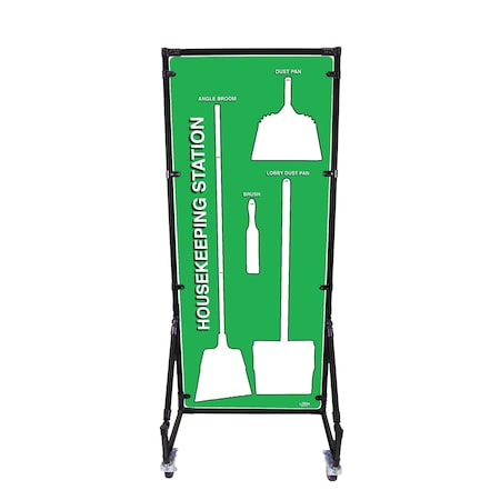 5S Supplies 5S Housekeeping Shadow Board Broom Station Version 16 - Green Board / Black Shadows With Broom HSB-V16-GREEN-KIT