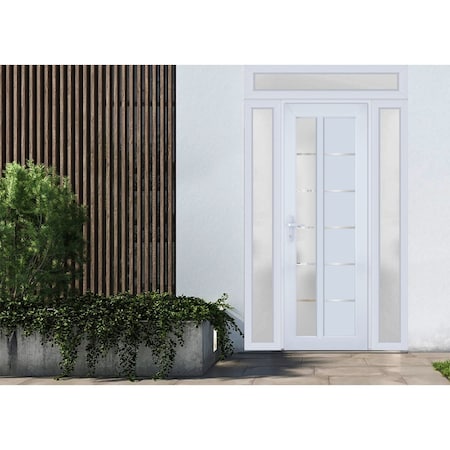 Vdomdoors Front Exterior Prehung FiberGlass Door Frosted Glass / Manux 8088 White Silk / 2 Sidelight and Tran MANUX8088EXD-WS-W12+30+12 x H80+14-RH