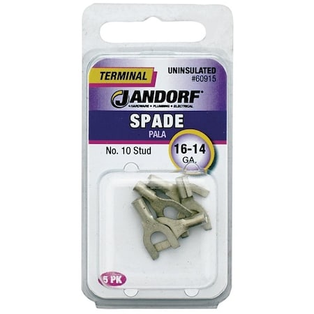 Jandorf Spade Terminal, 600 V, 16 to 14 AWG Wire, No 10 Stud, Copper Contact, 5PK 60915