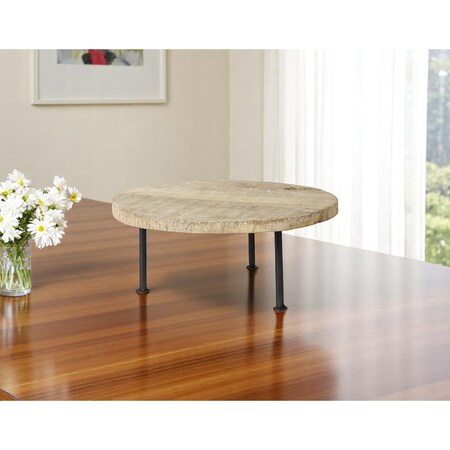 Homeroots 15" Light Brown And Black Round Solid Wood Handmade Riser Tray 609087