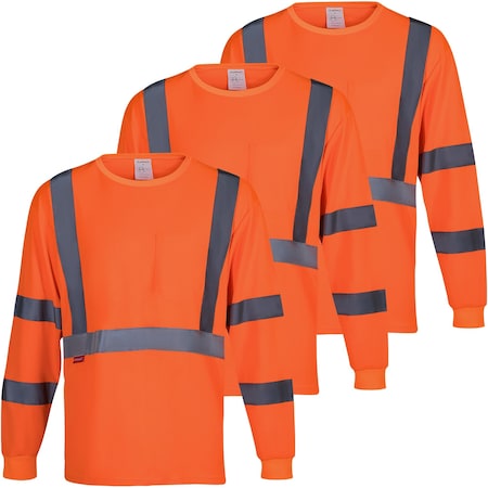 Protectx Long Sleeve T-Shirt, Class 3, Type R, Polyester, Orange, XL, 3 PK ST-E150LS1-OR-XL-03