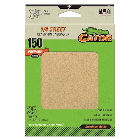 Gator Finishing 1/4 Sheet Clamp-On Sandpaper, 150 Grit, 25PK 5131