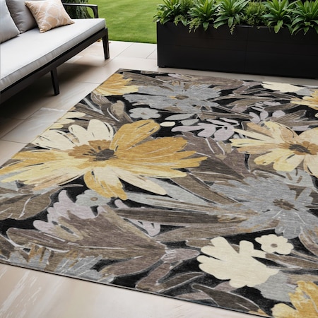 Homeroots 5' X 8' Black And Gray Floral Washable Indoor Outdoor Area Rug 610968