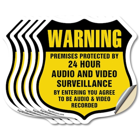 Signmission 24 Hour Surveillance Shield Sign Warning, 6 inch X 6 inch, Vinyl Decal, 5PK SHI-D-5PACK-6-354