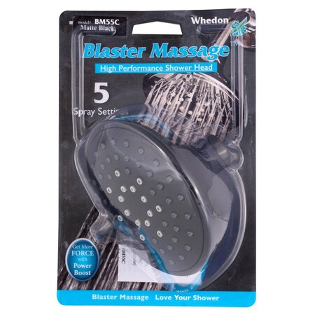 Whedon Blaster Massage Matte Black Plastic 5 settings Wallmount Showerhead 2.5 gpm BM55C