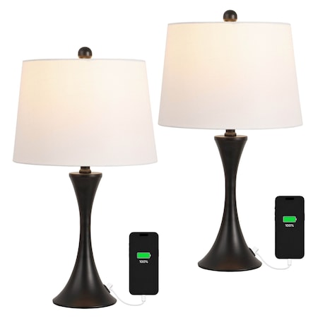 Jonathan Y Bennett 22.8 in. Traditional Transitional Metal Hourglass USB-A and USB-C Charging Ports LED Ta, 2PK JYL6621C-SET2