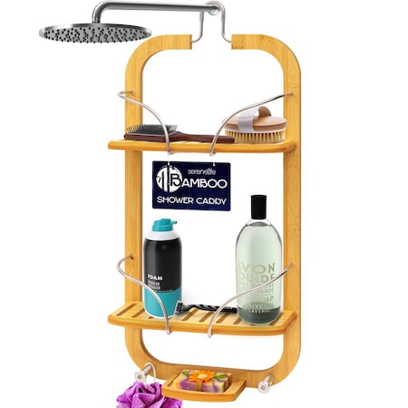 Serenelife Bamboo Hanging Shower Caddy with 3 Tiers, Anti-Slip Design, Bathroom Storage Organizer for Shampoo SLSHCD101