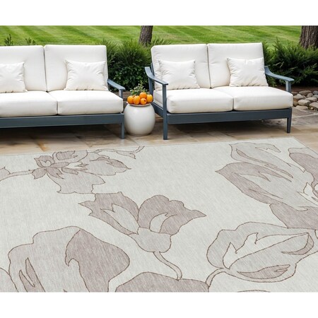 Homeroots 9' X 12' Ivory Beige And Taupe Floral Washable Indoor Outdoor Area Rug 589546