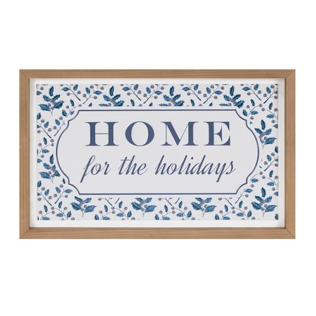 Homeroots 10" X 19" Blue And White Home For The Holidays Wood Framed Art 634264