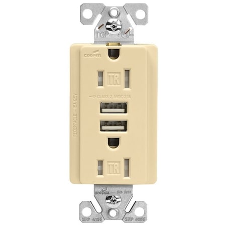 Arrow Hart EATON TR7755VKL Receptacle, 15 A, 125 V, 2 USB Port, NEMA NEMA 515R, Ivory TR7765V-KB-L