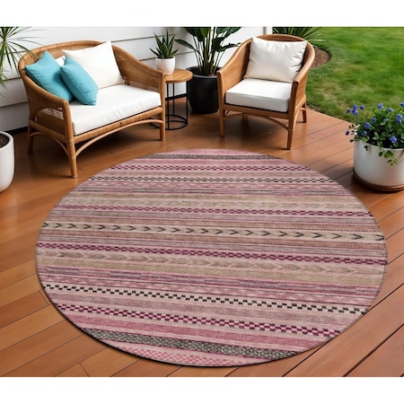 Homeroots 8' Pink And Taupe Round Striped Washable Indoor Outdoor Area Rug 615352