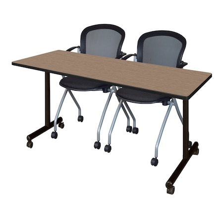 Regency Kobe Mobile T-Base Training Table W/ 2 Stack Chairs, 72 in W, 24 in L, Noble Oak MKTRCC7224NO23BK