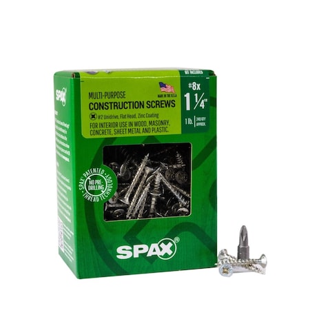 Spax #8 x 1-1/4 in Interior Wood Screws Construction Flat Head Phillips Square Unidrive, 240PK 4101010400324