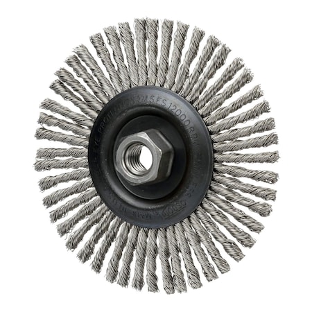 Osborn Steel Wire Stringer Bead Brushes, 4'' dia., 1/4'' wd. 5/8''-11 threaded arbor, 7/8'' trim lg., 12PK 00099082B0R