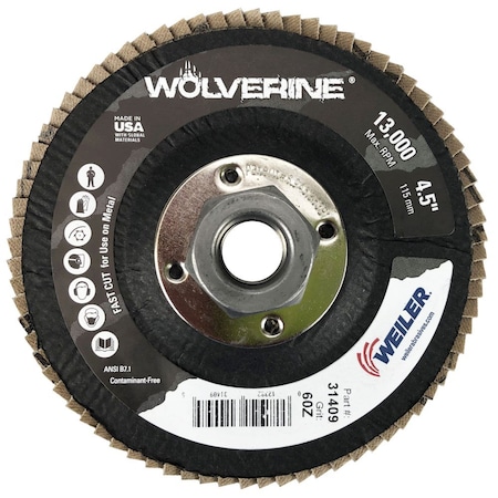 Weiler Coated Abrasive Flap Disc, 4 1/2 in dia. 31409