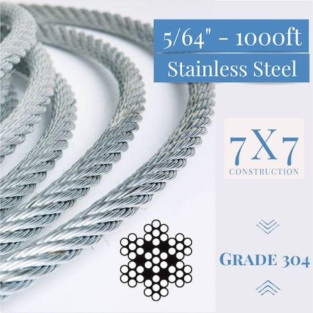 Laureola Industries 5/64 in. 7x7 Stainless Steel Aircraft Wire Rope 304 Grade, 1000 ft ZAG564-SS304-77-1000
