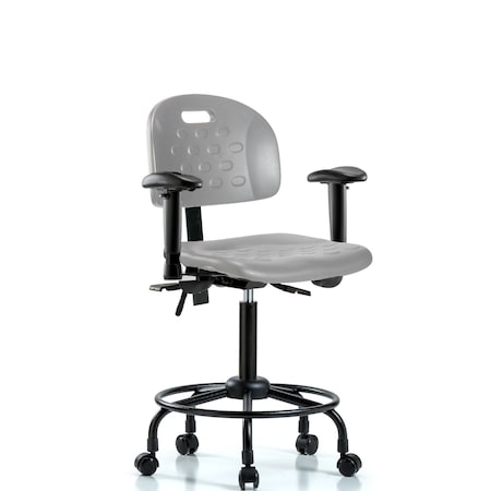 Blue Ridge Ergonomics Poly Chair with Round Tube Base-Medium Bench Height with Seat Tilt, Adj Arms, &Casters in Gray Poly HPMBCH-RT-T1-A1-RC-GRY