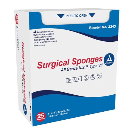 Dynarex Surgical Gauze Sponge, Sterile 2's, 4"x4", 12 Ply, 600PK 3343