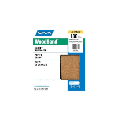 Norton Co 076607 Sanding Sheet, 11 in L, 9 in W, Fine, 180 Grit, Garnet Abrasive, Paper Backing, 25PK 01580