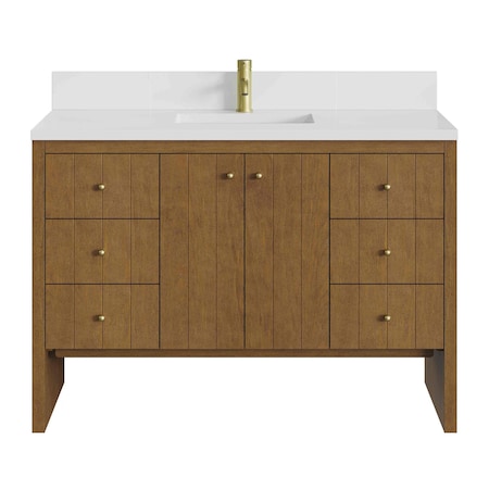 James Martin Vanities Hudson 48" Sgl Vanity, Honey Oak w/ Sgl Hole 3 CM White Zeus Silestone Top and Matching Backsplash 435-V48-HNO-1WZ