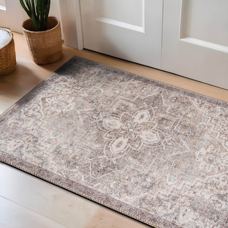 World Rug Gallery Beige Floral Medallion Washable Rug - Low Pile, Non-Slip 2 ft x 3 ft WR174BEIGE2X3