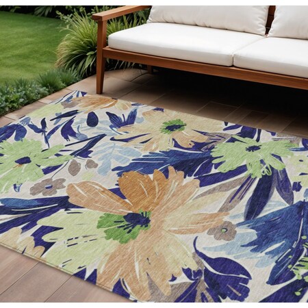 Homeroots 9' X 12' Navy Blue And Beige Floral Washable Indoor Outdoor Area Rug 610990