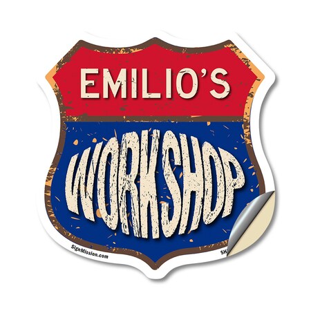 Signmission Emilio's Workshop, 18 Inch X 18 Inch, Vinyl Decal SHI-D-18-489-EMILIO