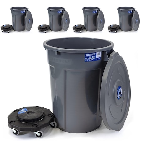 Magnum Tool Gray 55 Gallon Trash Can Set (Trash Can, Quiet Dolly, and Reinforced Lid) (5 Set) CMTC-CLD0-55G05