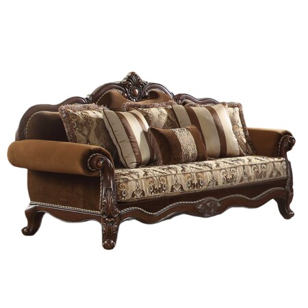 Homeroots 37" Oak Velvet Floral Sofa And Toss Pillows With Espresso Legs 348213