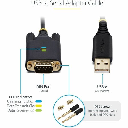 Startech.Com 3FT 1M USB TO SERIAL ADAPTER CABLE, COM RETENTION, INTERCHANGEABLE SCREWS/NUTS, USB-A TO DB9 1P3FFCB-USB-SERIAL