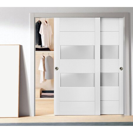 Sartodoors Sliding Closet 2 lites Bypass Doors, Lucia 4010 White Silk with Frosted Glass, Sturdy Rails Molding LUCIA4010DBD-WS-36